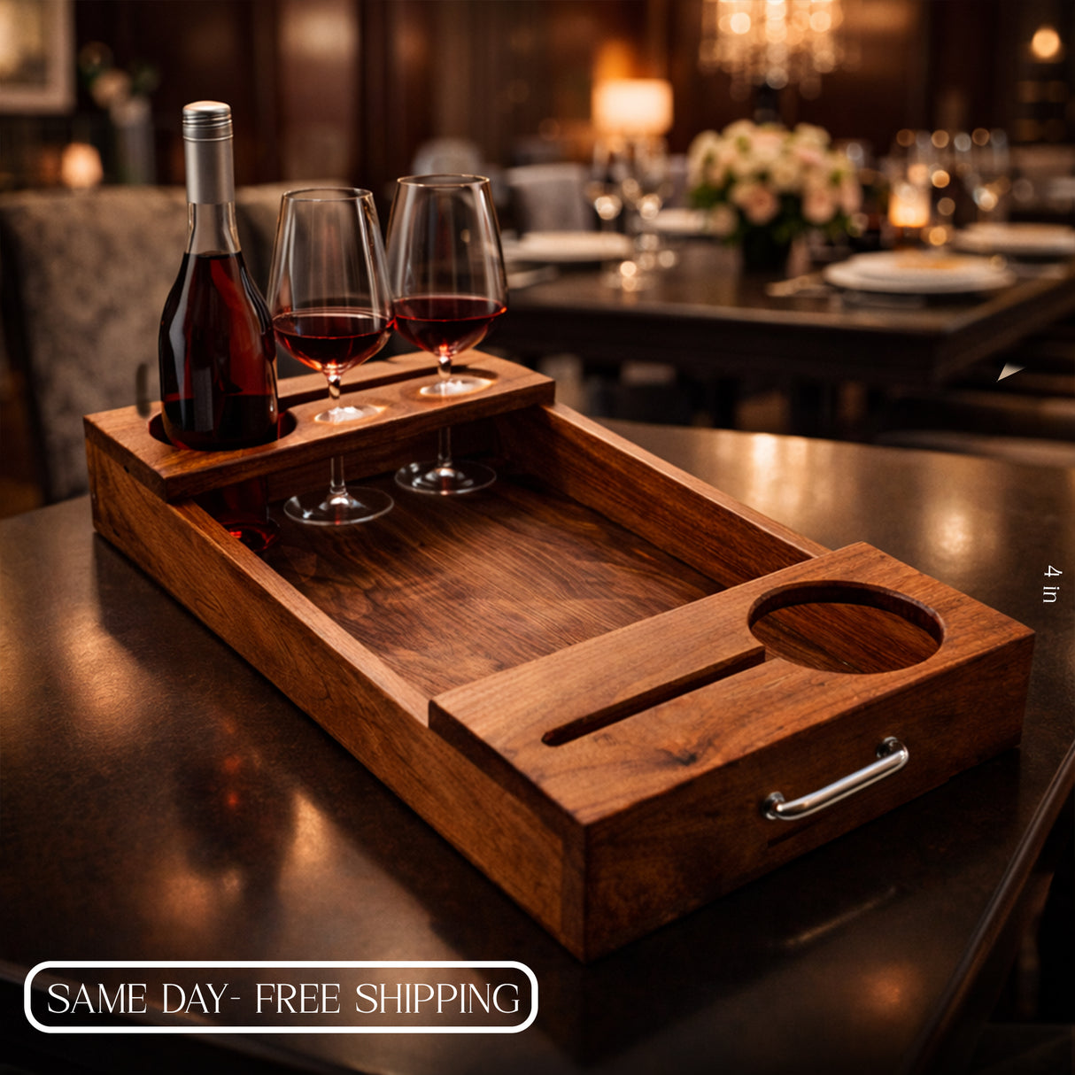 Wooden Wine Serving Tray for Bottle & Glasses – Charcuterie Board with Bronze Handles