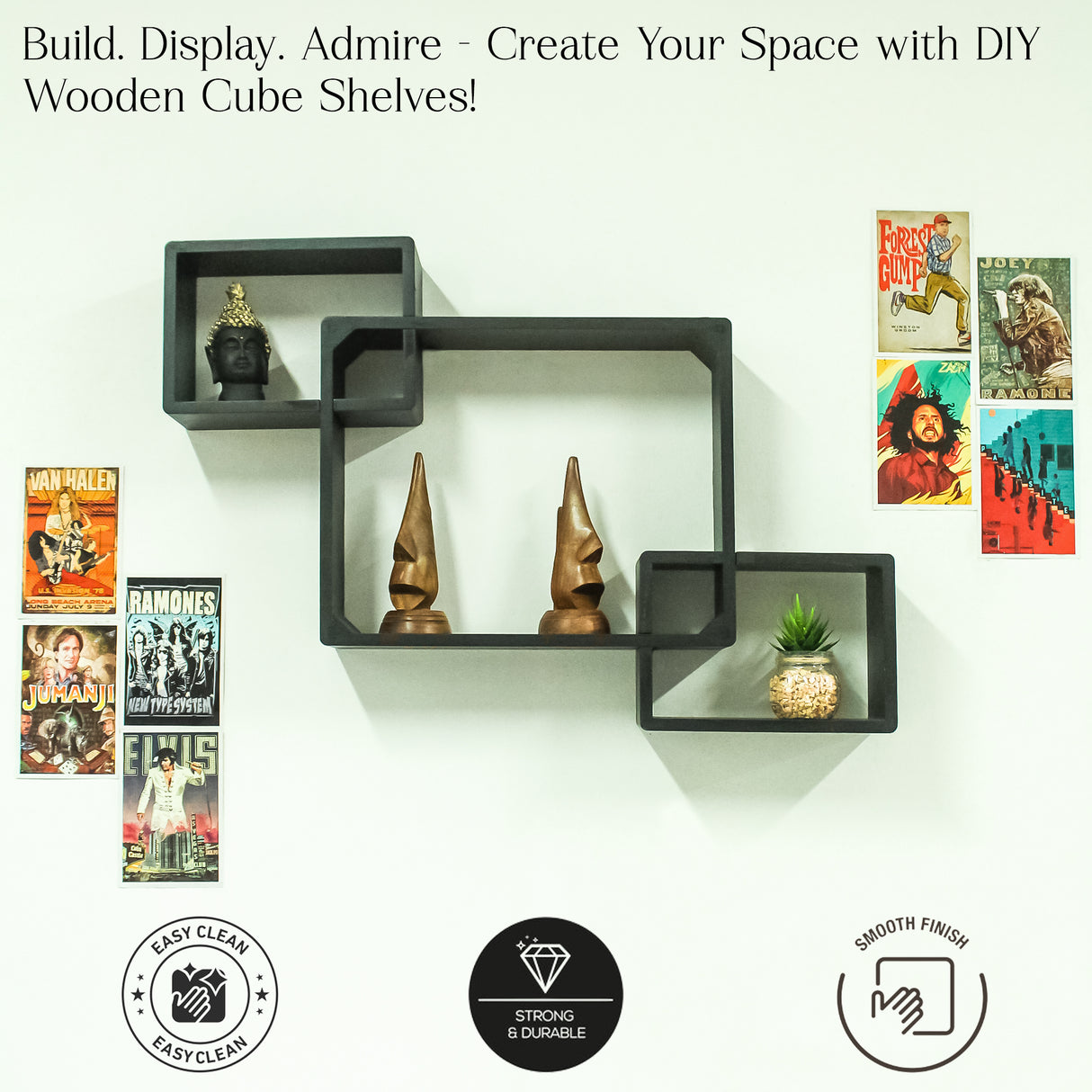 Cube Floating Wall Shelves, 3 Square Black Decorative Shelves for Home Storage