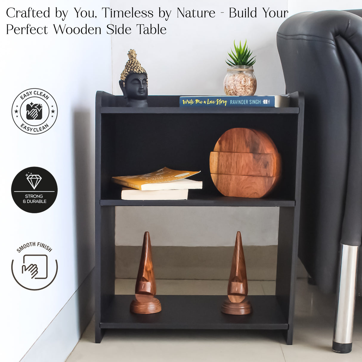 Elegant Wooden DIY Side Table with Storage & Shelves Modern Black