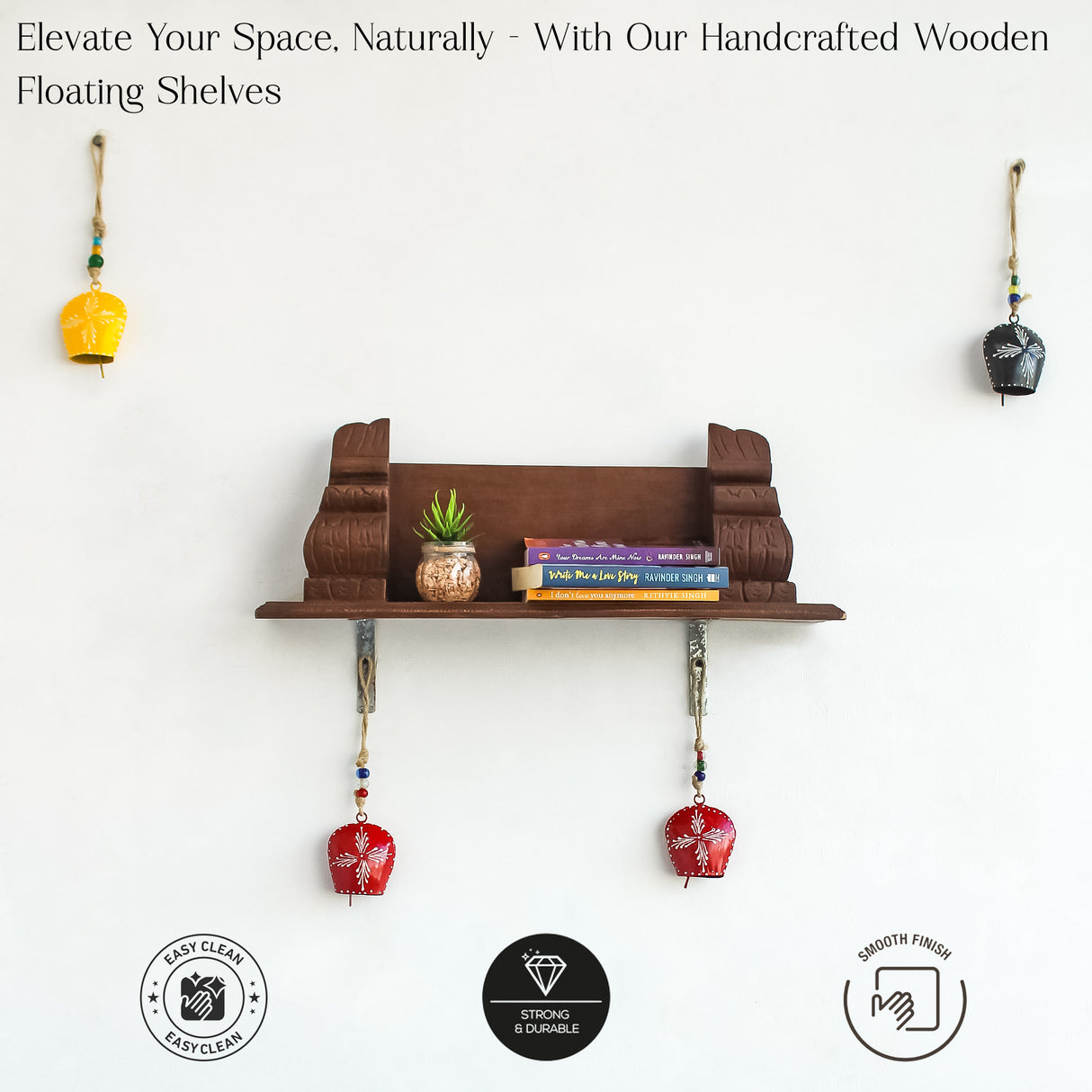 Antique Distressed Brown Wooden Wall Shelf with Ornate Vintage Carvings