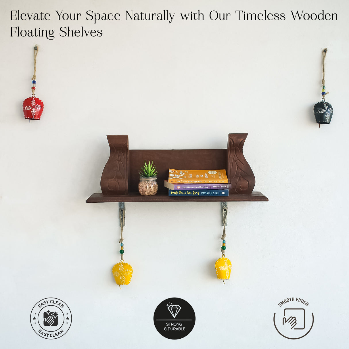 Elegant Hand-Carved Wooden Wall Shelf (Walnut Brown) – Rustic Home Decor