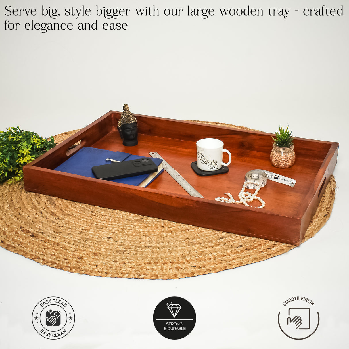 Classic Wooden Serving Tray with Cutout Handles – 28x18 Inches