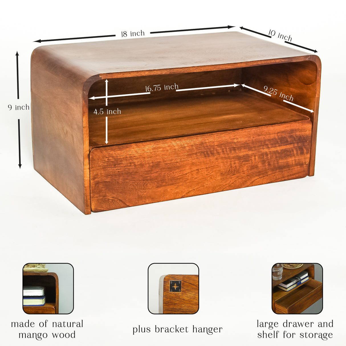 Modern Floating Wall Shelf with Drawer, Wooden Storage, 18"x10"x9"