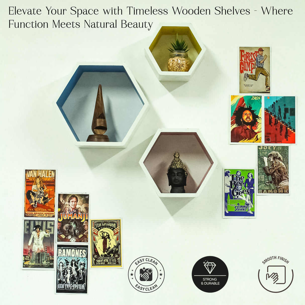 Modern Wooden Hexagon Wall Shelf Set of 3 – Geometric Floating Shelves