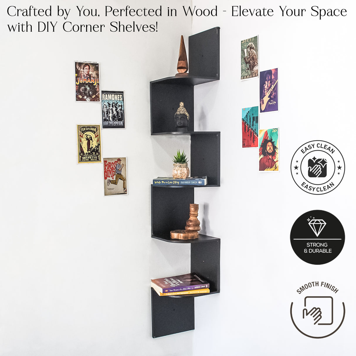 5-Tier Floating Corner Wall Shelf – Modern Storage Organizer Shelf (Black)