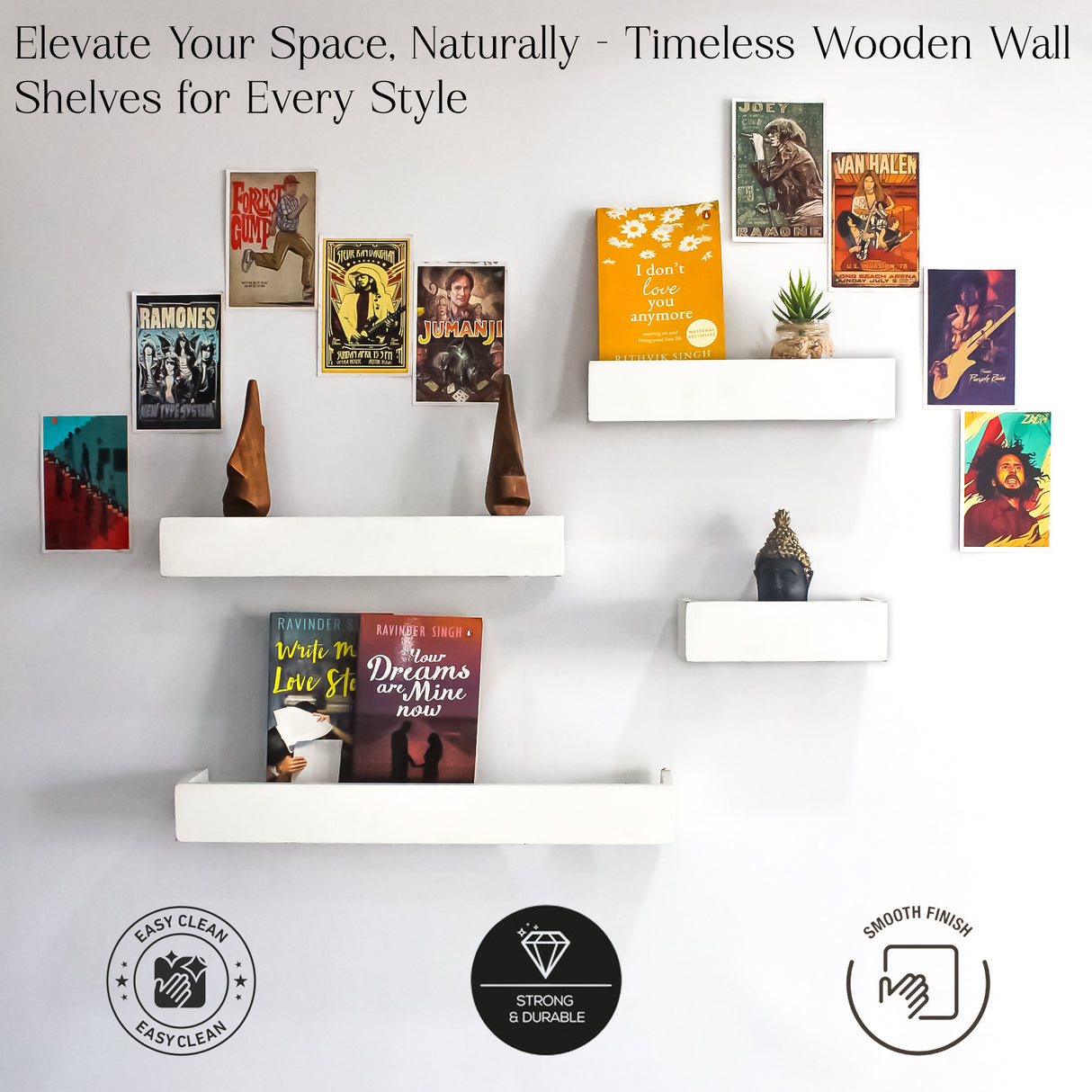 Modern 4-Piece Wooden Floating Wall Shelves for Home Decor & Storage