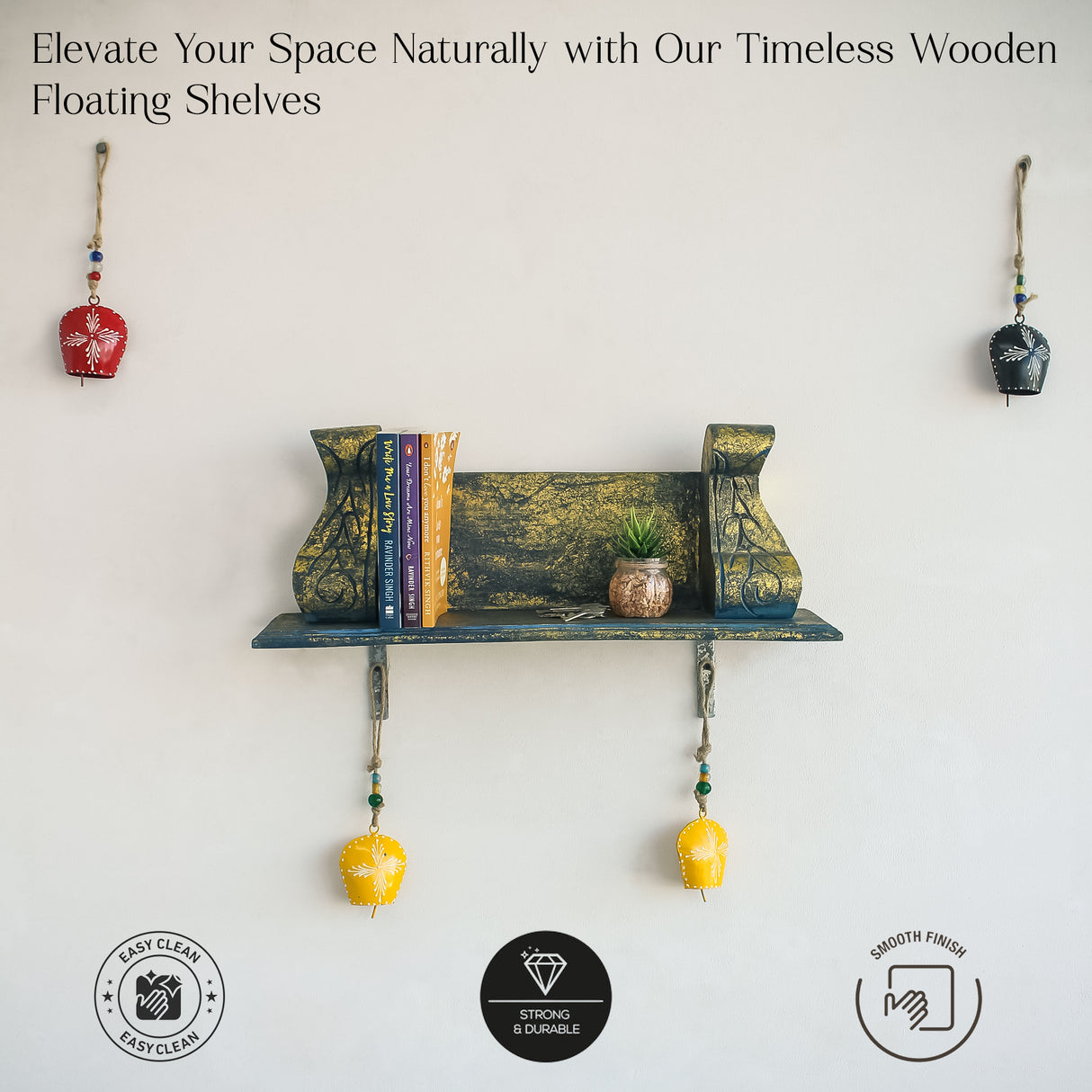 Rustic Blue Hand-Carved Wooden Wall Shelf for Home Decor