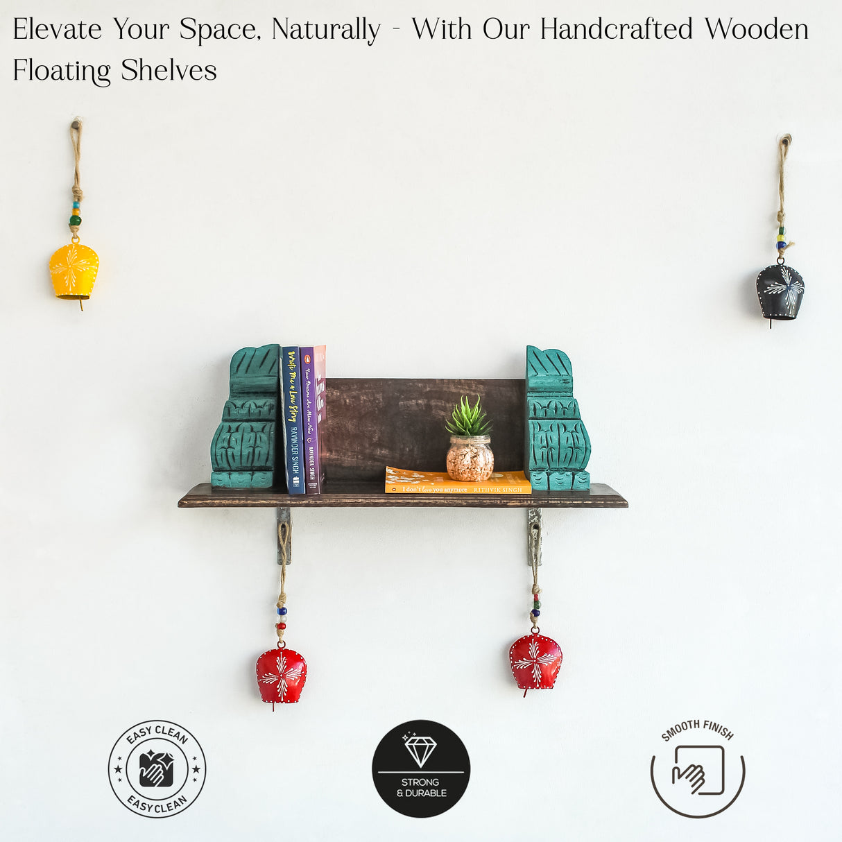 Vintage Distressed Wooden Wall Shelf - Blue | Rustic Floating Shelf with Carvings