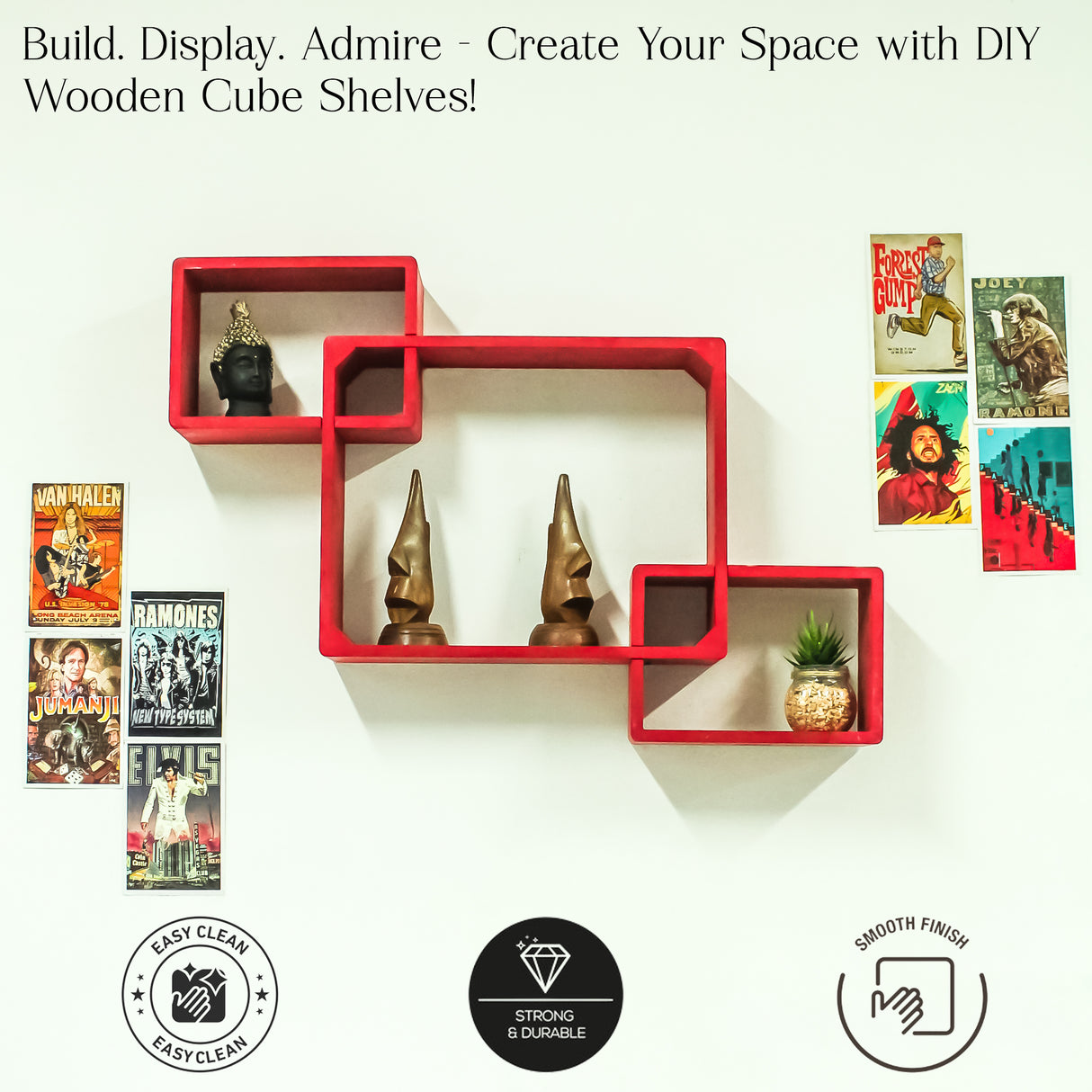 Cube Floating Wall Shelves, 3 Square Red Decorative Shelves for Home Storage and Display