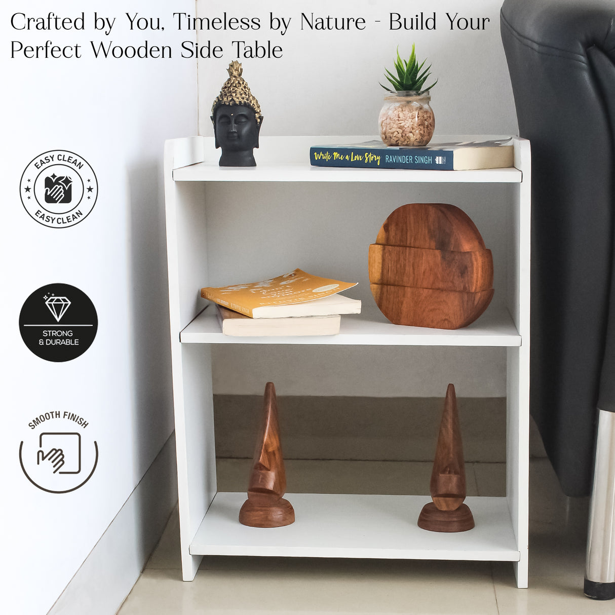 Elegant Wooden DIY Side Table with Storage & Shelves Modern White