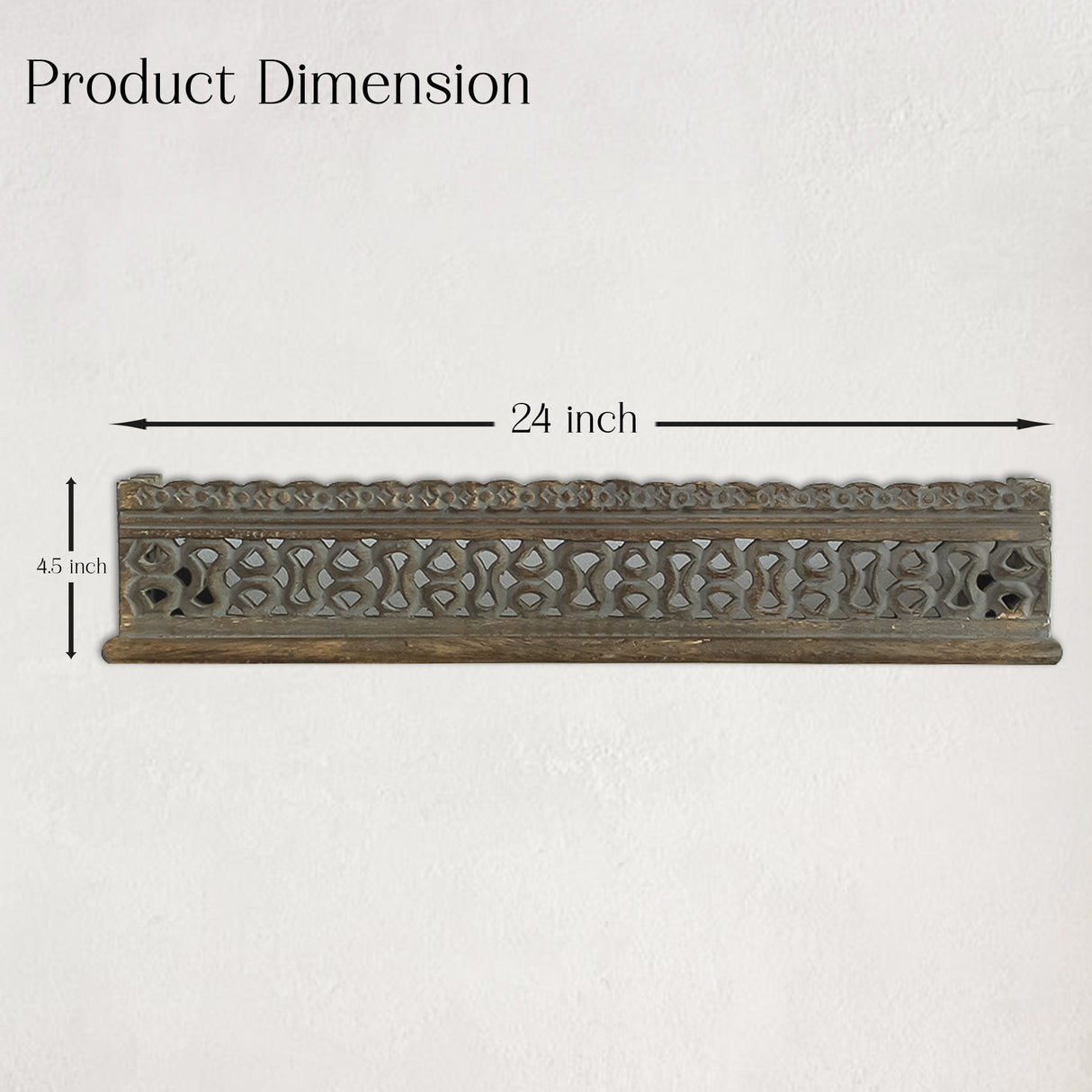 Handcrafted Grey Wooden Wall Shelf with Intricate Carvings for Home Decor