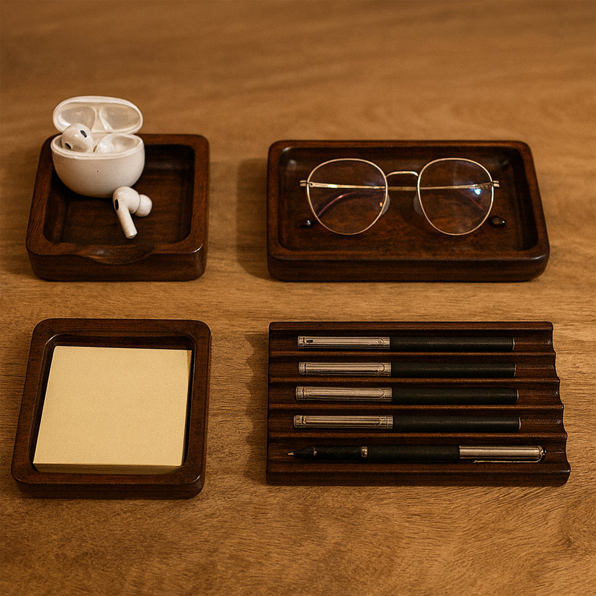 Premium Walnut Desk Docking Station – Handcrafted Wooden Organizer for Phone, Glasses & Daily Essentials