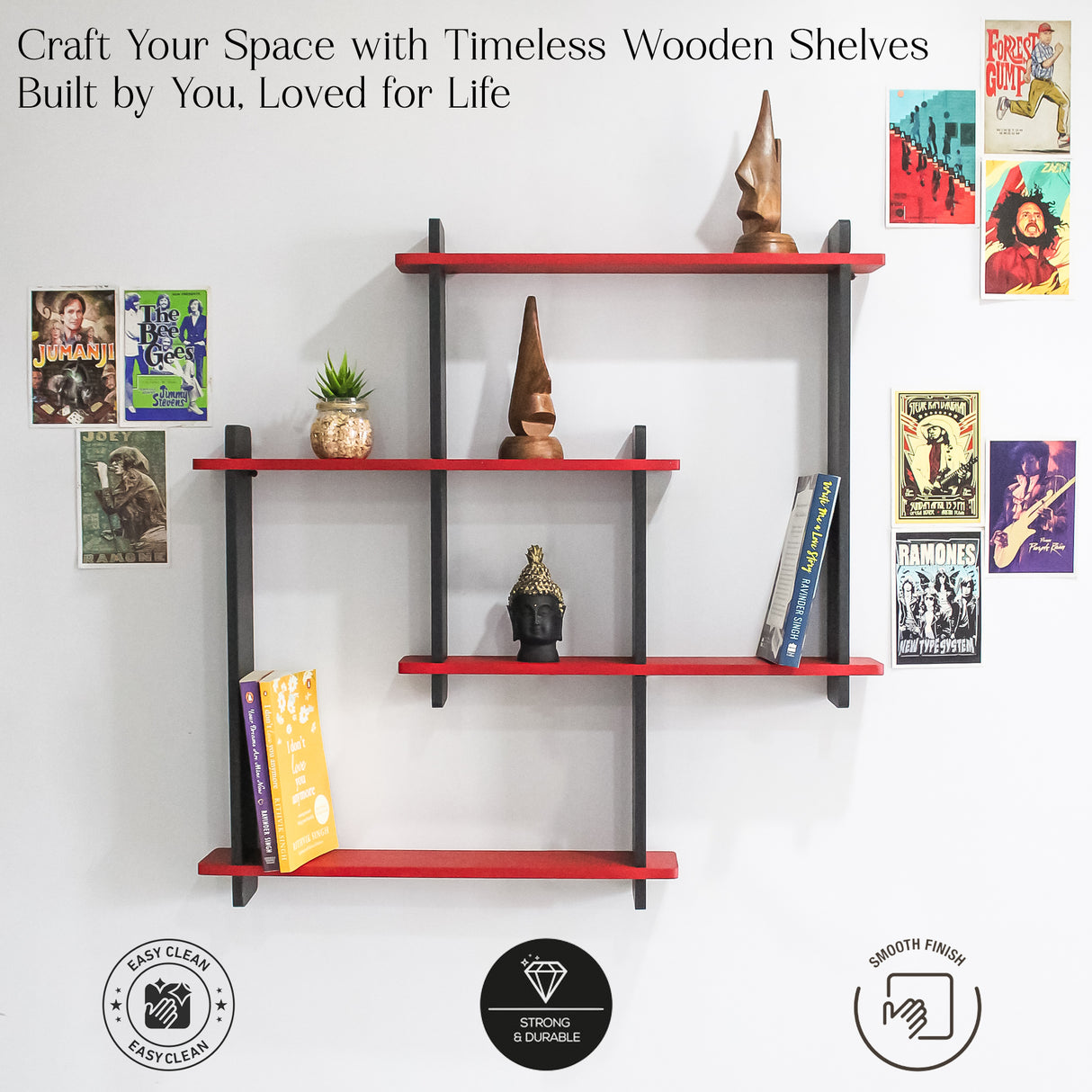 Wooden Floating Wall Shelf, Square Design (Red & Black) for Home Decor