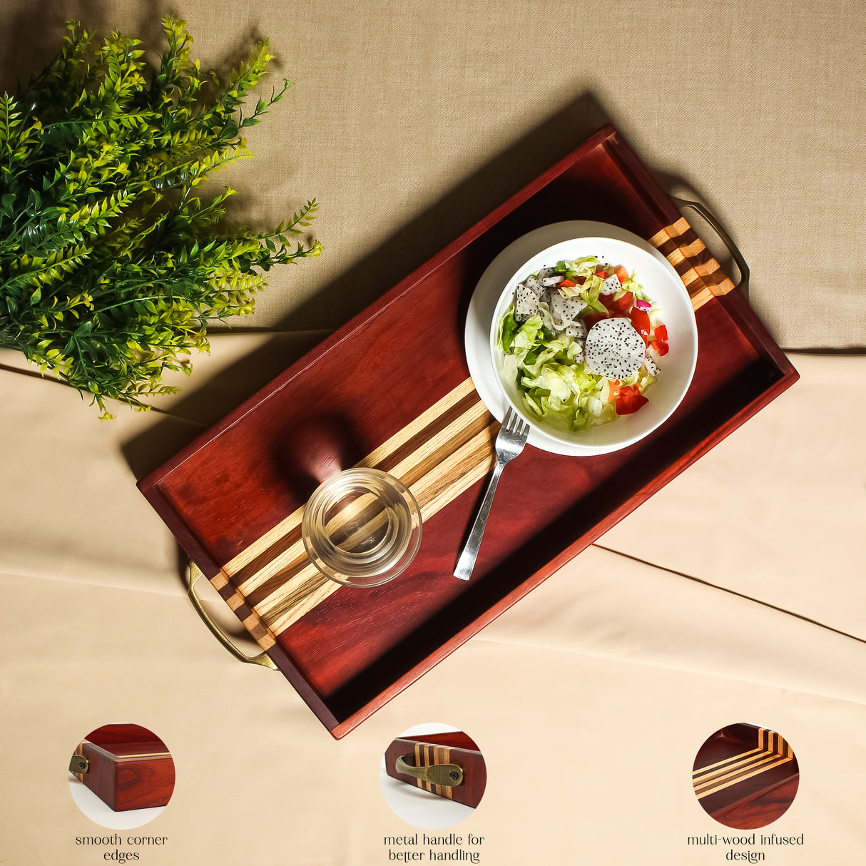 Premium Wooden Serving Tray with Inlaid Stripes and Metal Handles