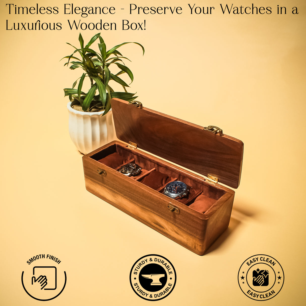 Premium 5-Slot Wooden Watch Box Organizer – Solid Wood Lid – American Walnut & Teak Variants