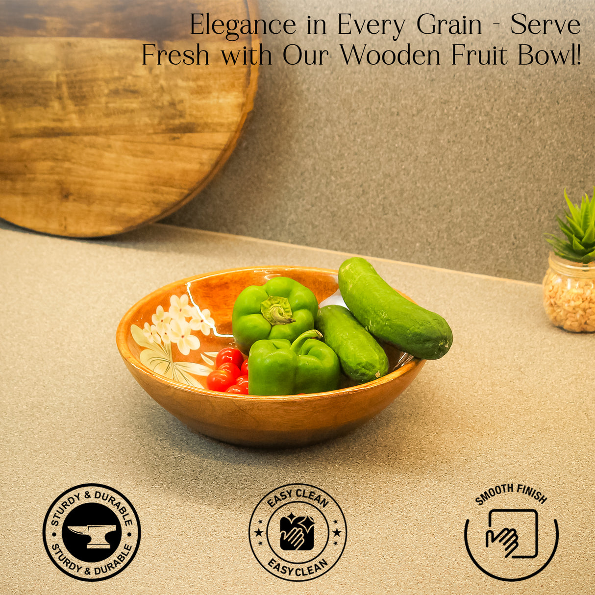 Handcrafted Acacia Wooden Fruit Bowl - Salad & Serving Bowl with Floral Design.