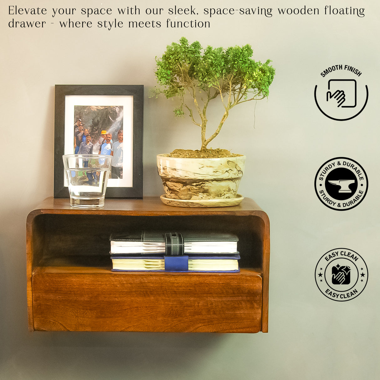 Modern Floating Wall Shelf with Drawer, Wooden Storage, 18"x10"x9"