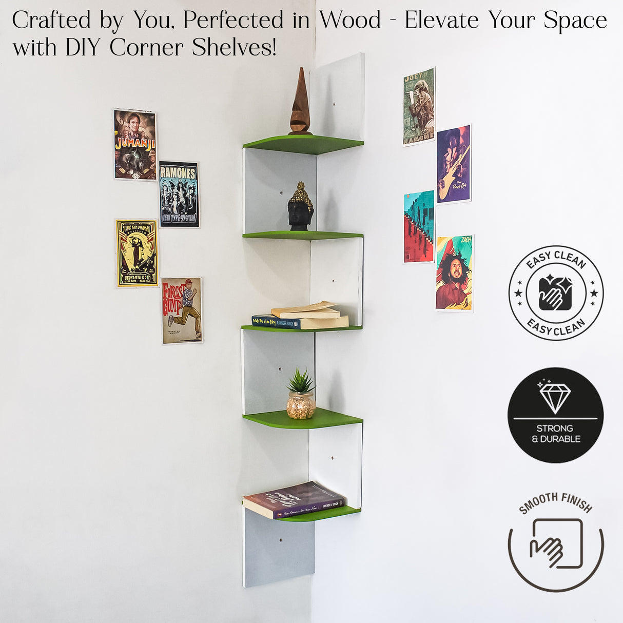 5-Tier Floating Corner Wall Shelf – Storage Organizer Shelf (Green & White)