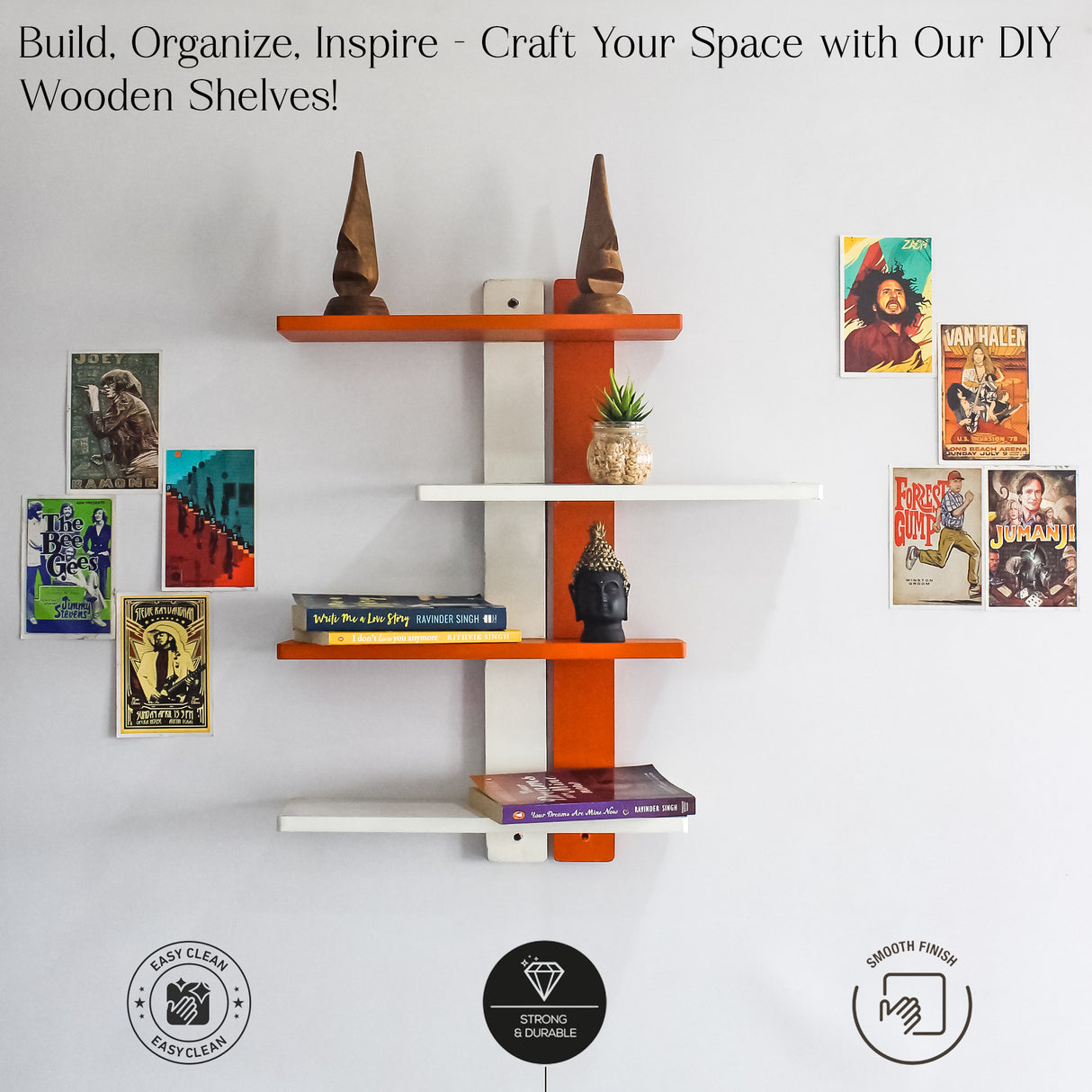 Modern Wooden Floating DIY Wall Shelf for Storage and Decor (Orange)