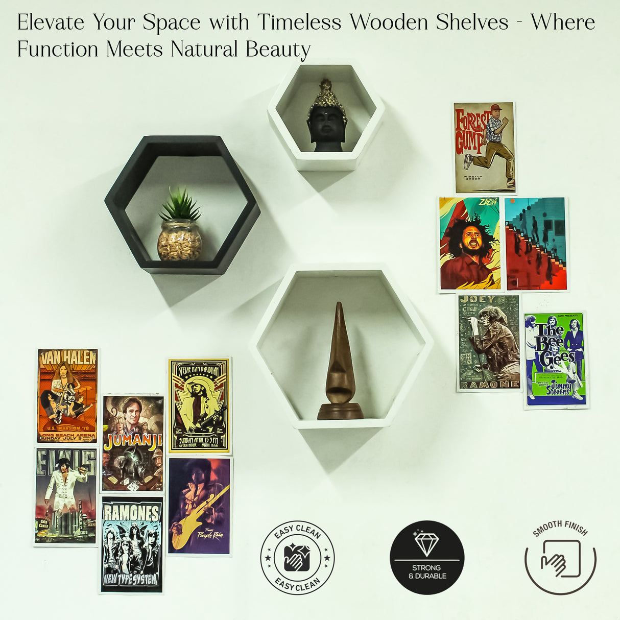 Modern Wooden Hexagon Wall Shelf Set of 3 – Geometric Floating Shelves