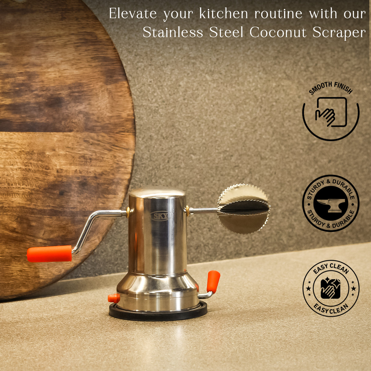 Free Interchangeable Blade Included – Stainless Steel Coconut Scraper for Kitchen – Manual Shredder with Rotatable Handle, Vacuum Base, Easy Operation, Durable Silver Tool