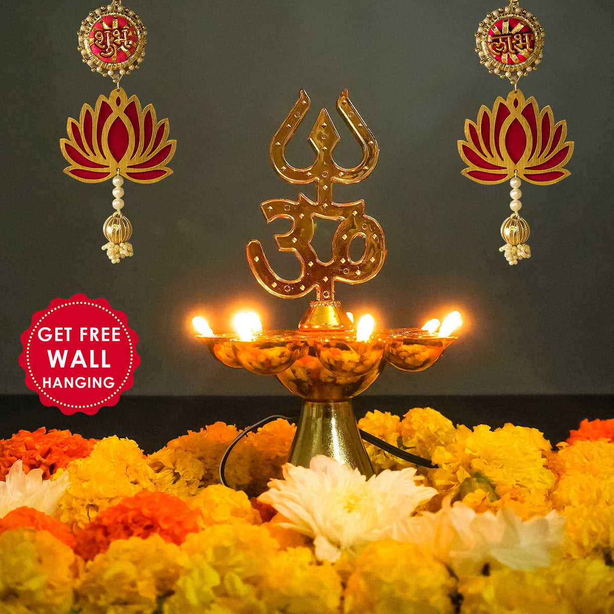 Get FREE Wall Hanging | Electric Diya Lamp for Mandir Décor | OM & Trishul Design | Multi-Level Deepam Vilakku for Diwali, Pooja, Temple, and Home Décor