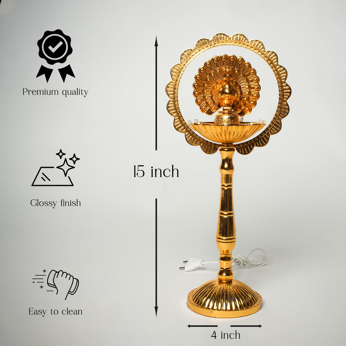 Saleberate Electric LED Diya Lamp - Golden Plastic Pooja Light with Peacock Design - Home Temple Decor, Mandir Diya for Diwali & Religious Ceremonies (15 Inch)