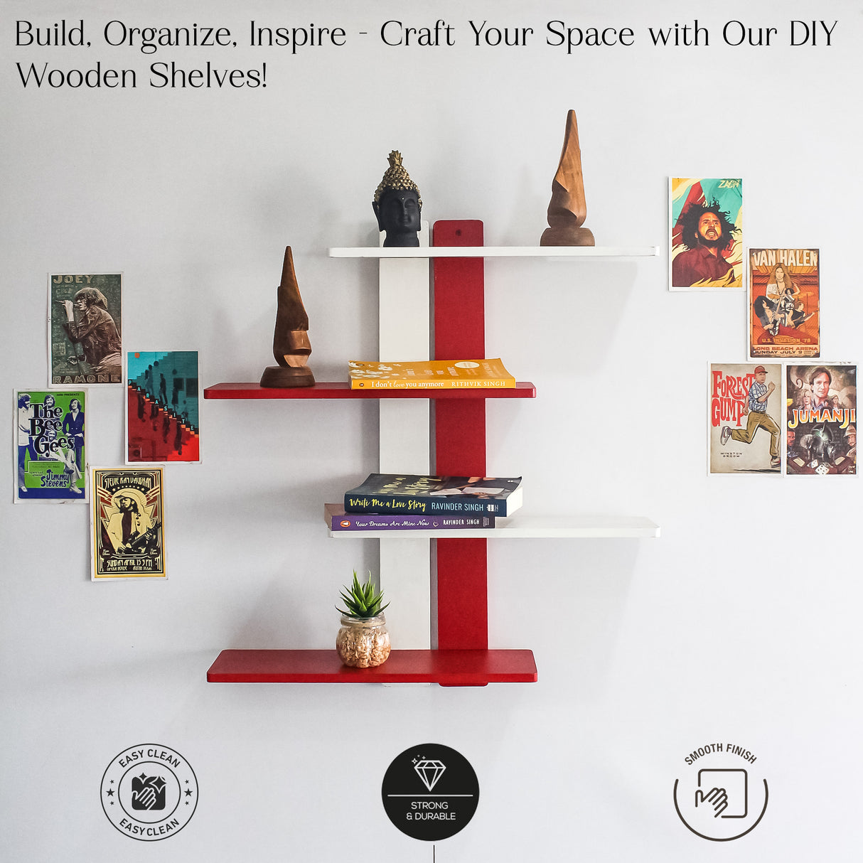 Modern Wooden Floating Wall Shelf (Red) – DIY Wall-Mounted Storage Shelf