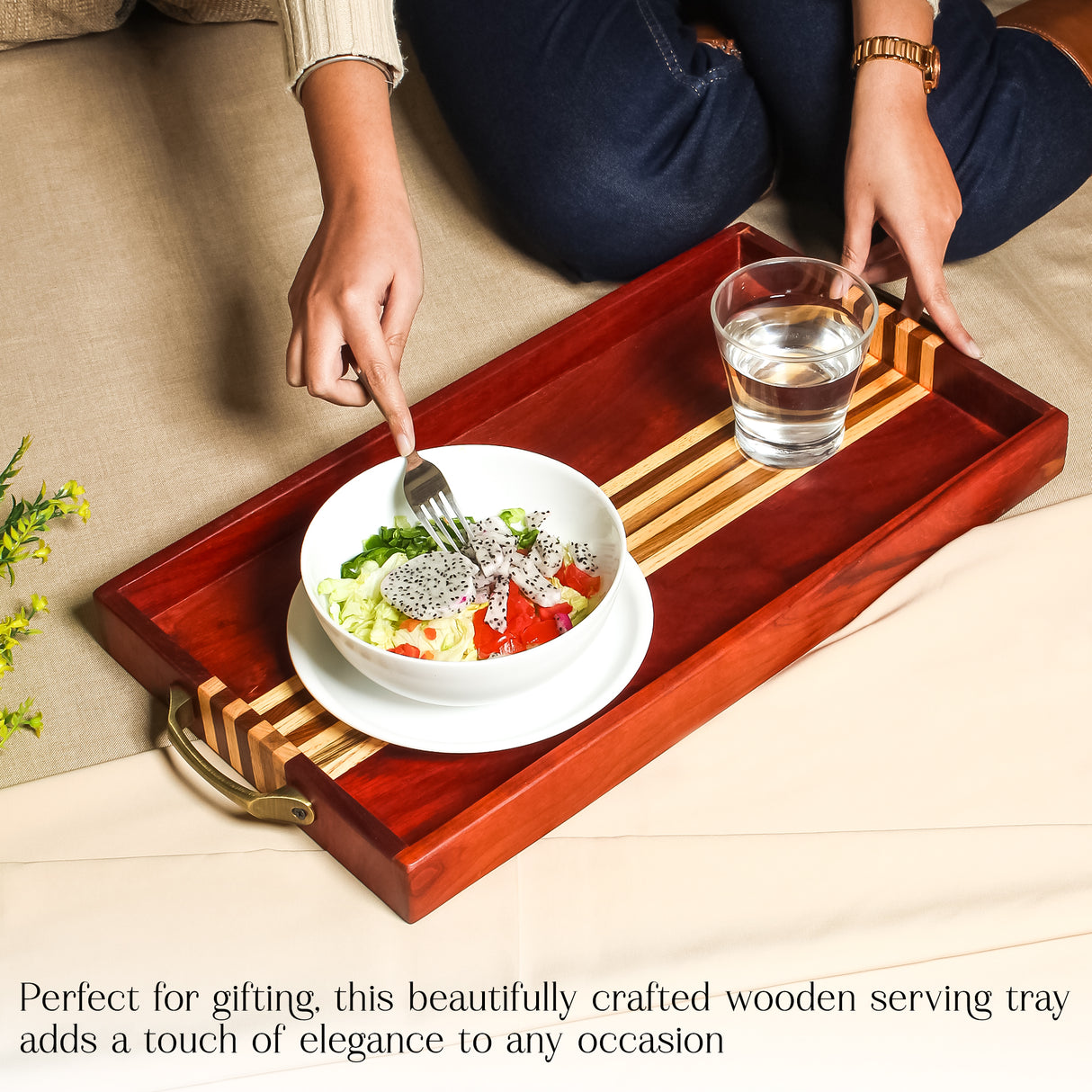 Premium Wooden Serving Tray with Inlaid Stripes and Metal Handles