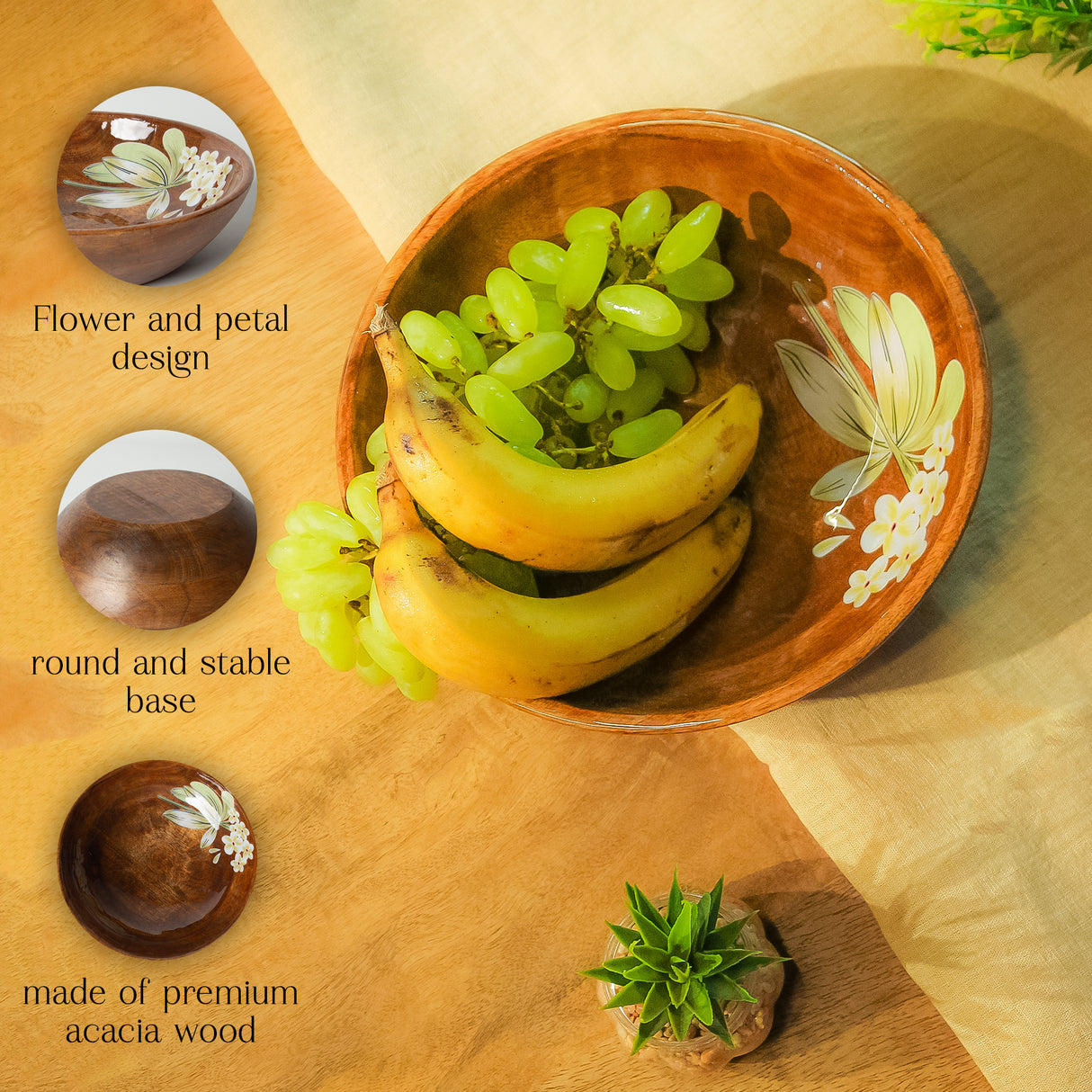 wooden fruit bowl, salad serving bowl, acacia wood bowl, kitchen bowls, decorative wooden bowl, natural wooden bowl, eco-friendly fruit bowl, round wooden bowl, hand-painted bowl, vegetable serving bowl, wooden salad bowl, snack serving bowl, home decor, dining table centerpiece, handcrafted kitchen bowl, Saleberate.