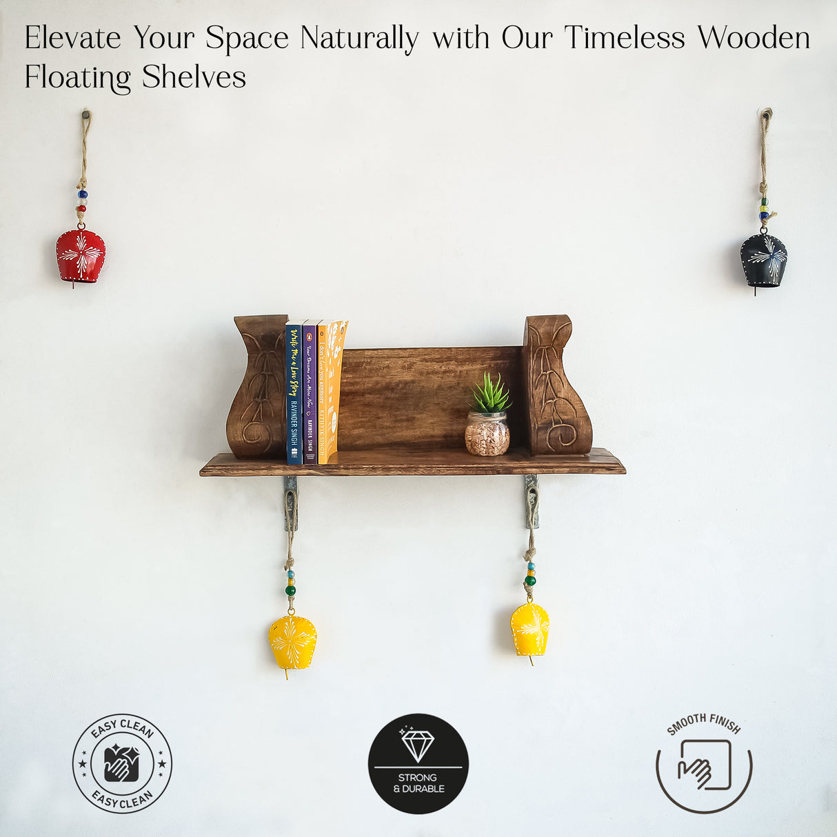 Elegant Rustic Hand-Carved Wooden Wall Shelf - Decorative Display (Brown)