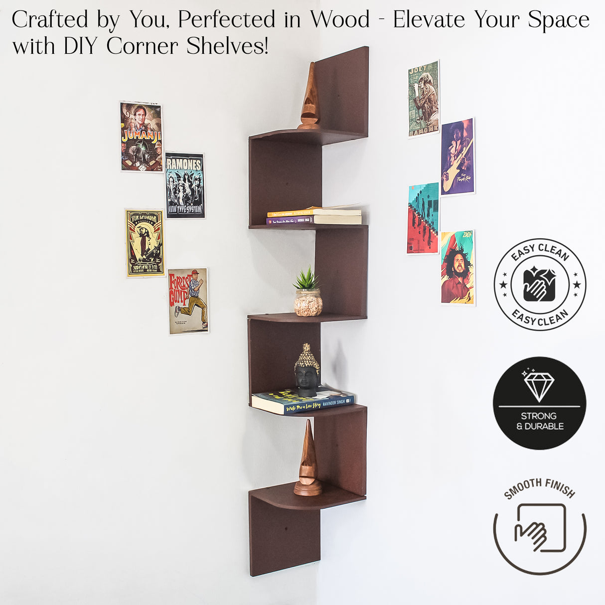 5-Tier Floating Corner Wall Shelf – Modern Storage Organizer Shelf (Brown)