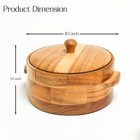 Handcrafted Wooden Casserole with Lid – 8.5 Inch Round Acacia Wood Serving Dish with Handles