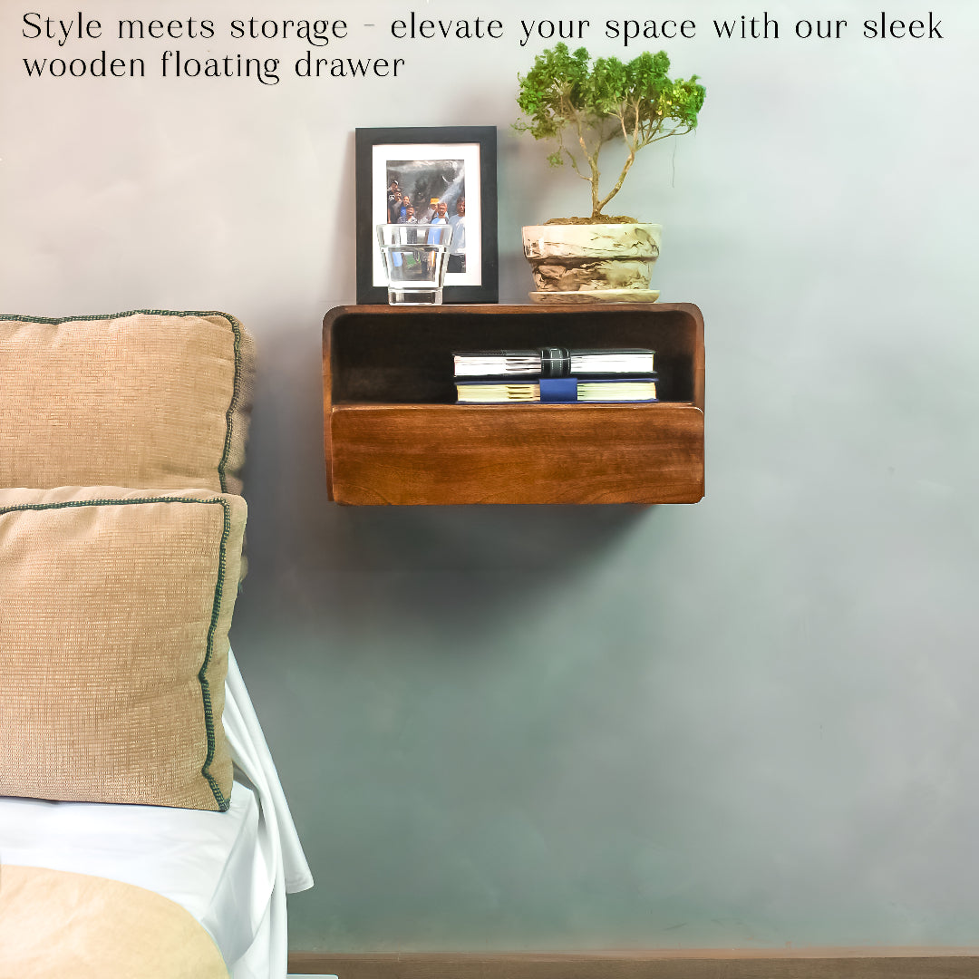 Modern Floating Wall Shelf with Drawer, Wooden Storage, 18"x10"x9"