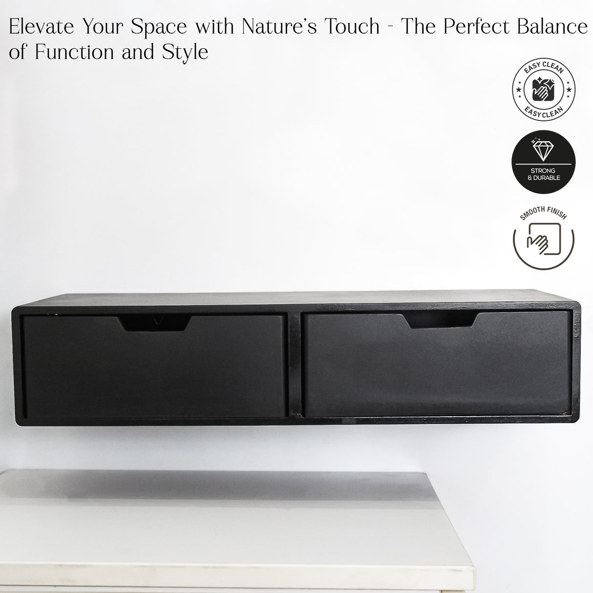 Modern Floating Wooden Dual Drawer - Wall-Mounted Storage Shelf (Black)