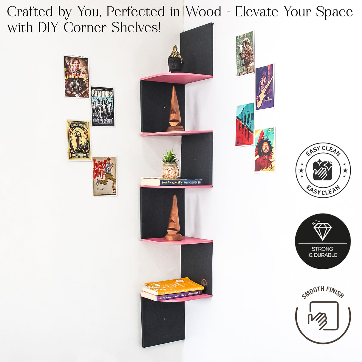 5-Tier Floating Corner Wall Shelf – Modern Storage Organizer Shelf (Pink)