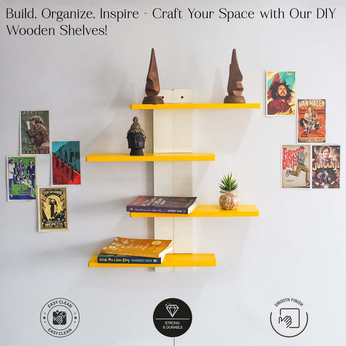 Modern Wooden Floating Wall Shelf (Yellow) - Space-Saving DIY Storage for Home Decor
