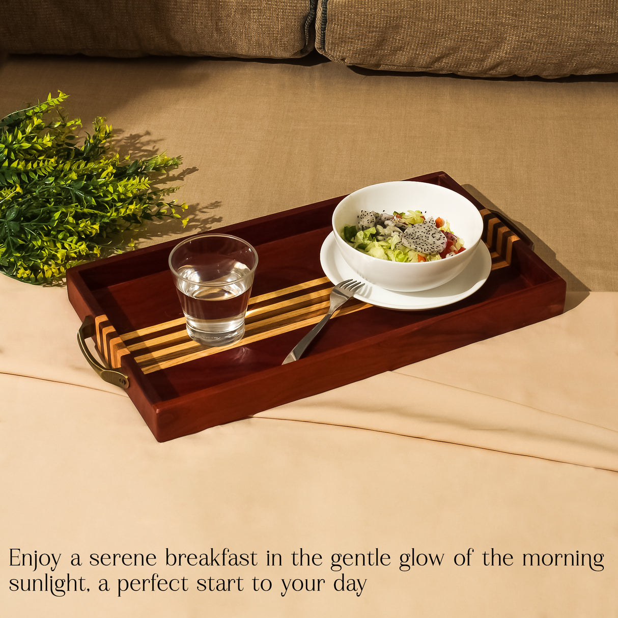Premium Wooden Serving Tray with Inlaid Stripes and Metal Handles
