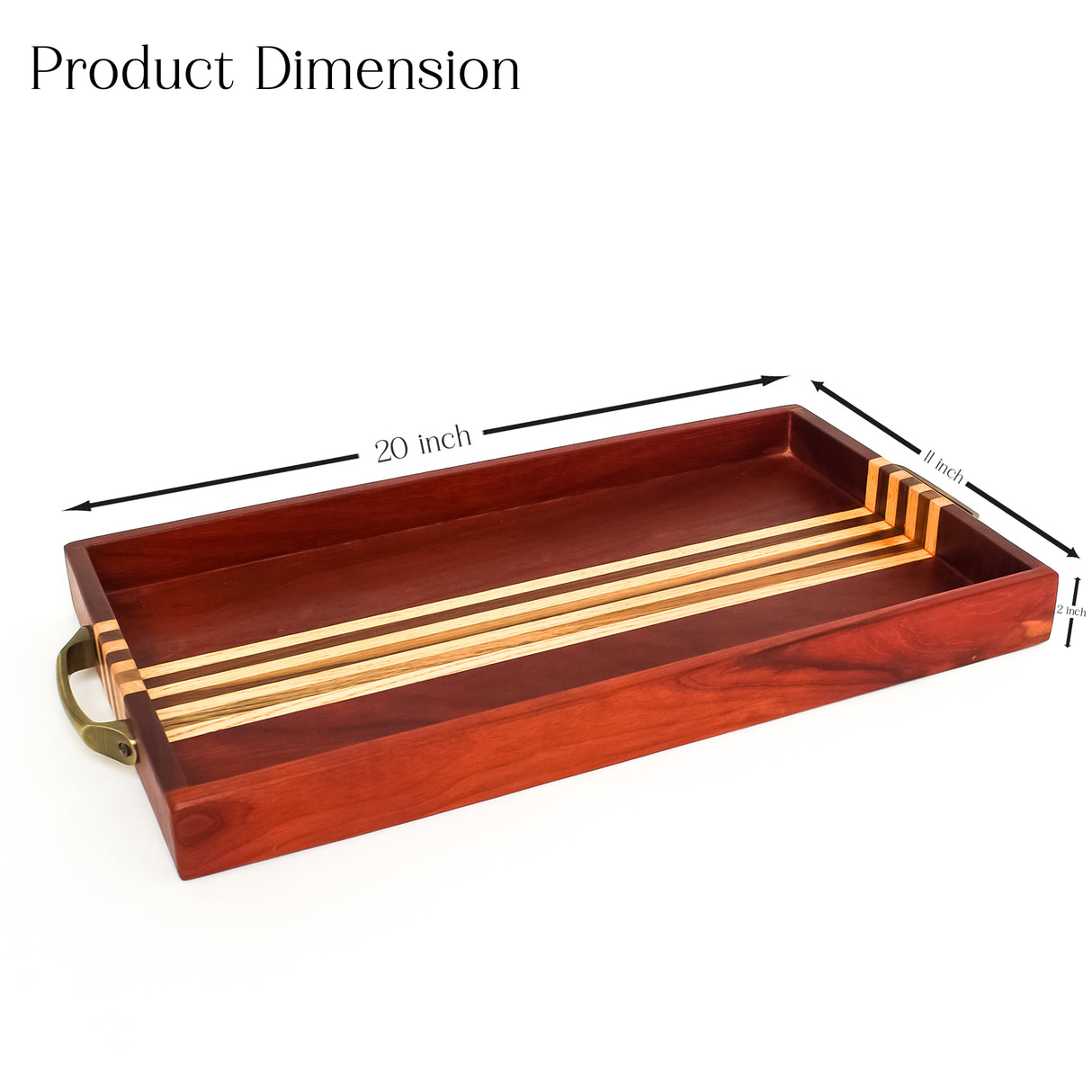 Premium Wooden Serving Tray with Inlaid Stripes and Metal Handles