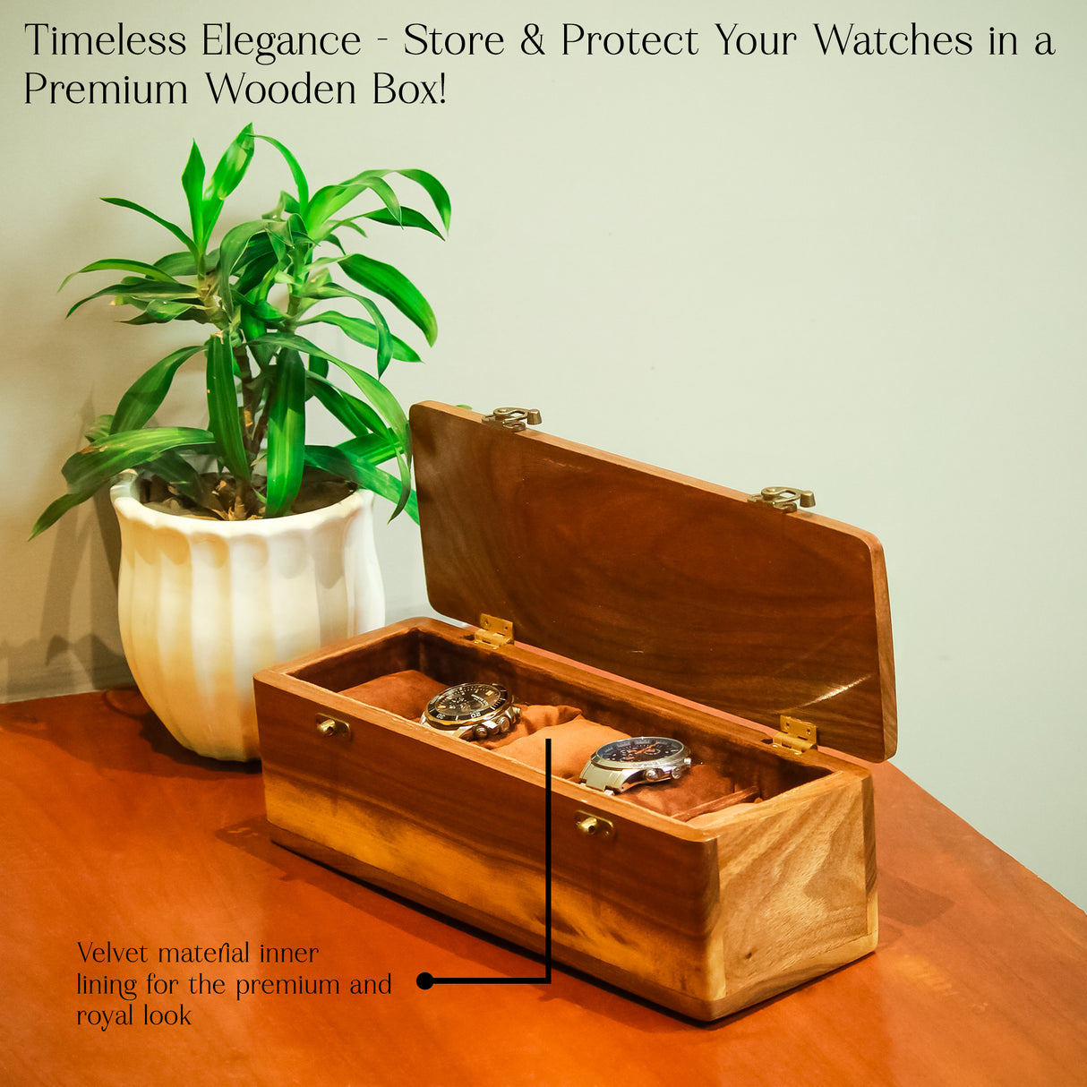 Premium 5-Slot Wooden Watch Box Organizer – Solid Wood Lid – American Walnut & Teak Variants