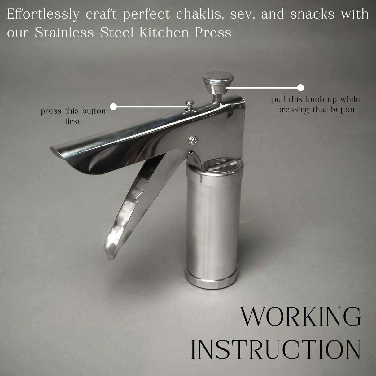 Stainless Steel Kitchen Press for Noodles, Murukku, Namkeen, and Snacks- Manual Sancha Sev Chakli Gathiya Sevaiya Maker- Silver Kitchen Tool