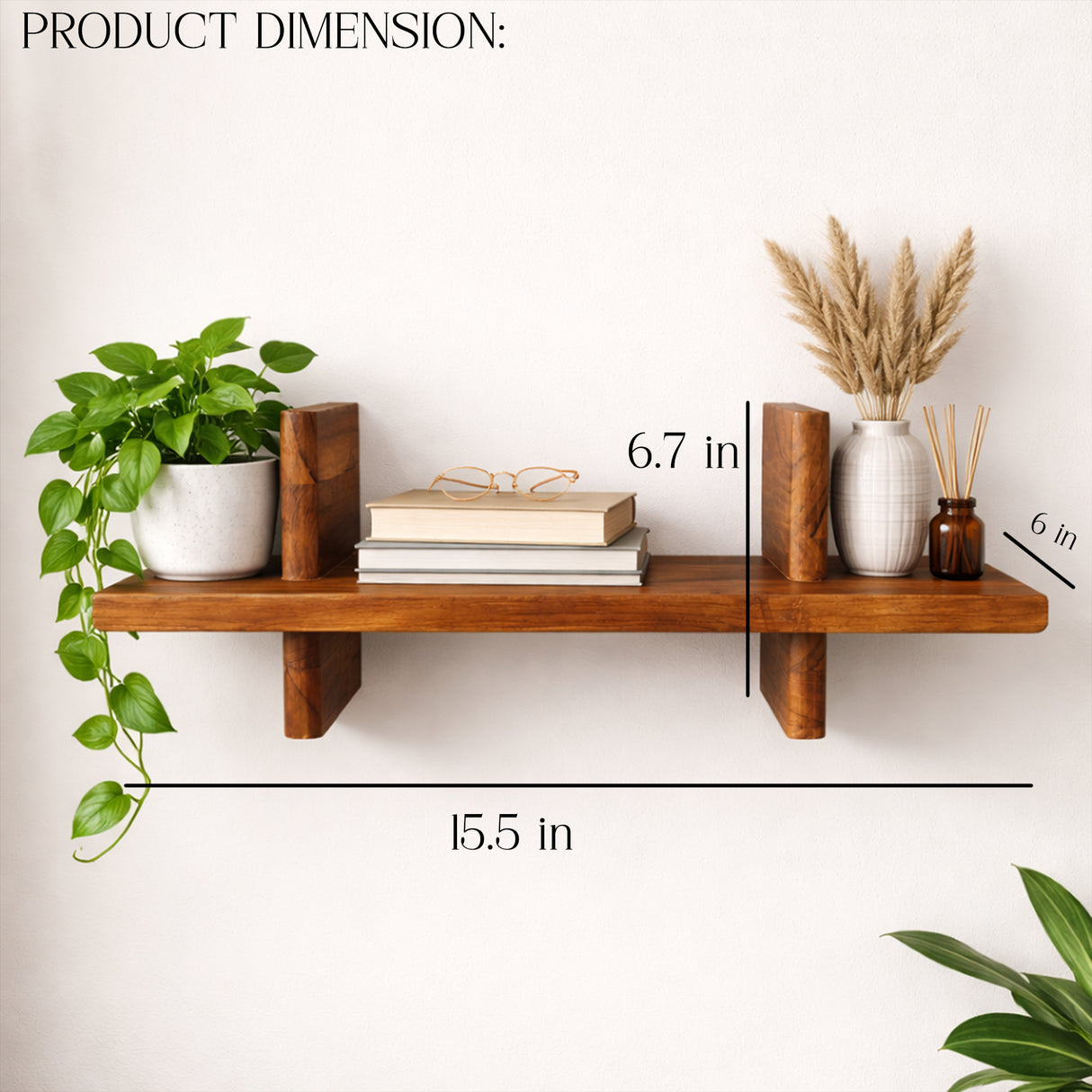 Wooden Floating Shelf Wall Mounted – Minimal Ledge Shelf for Plants, Books, Bathroom & Entryway Decor