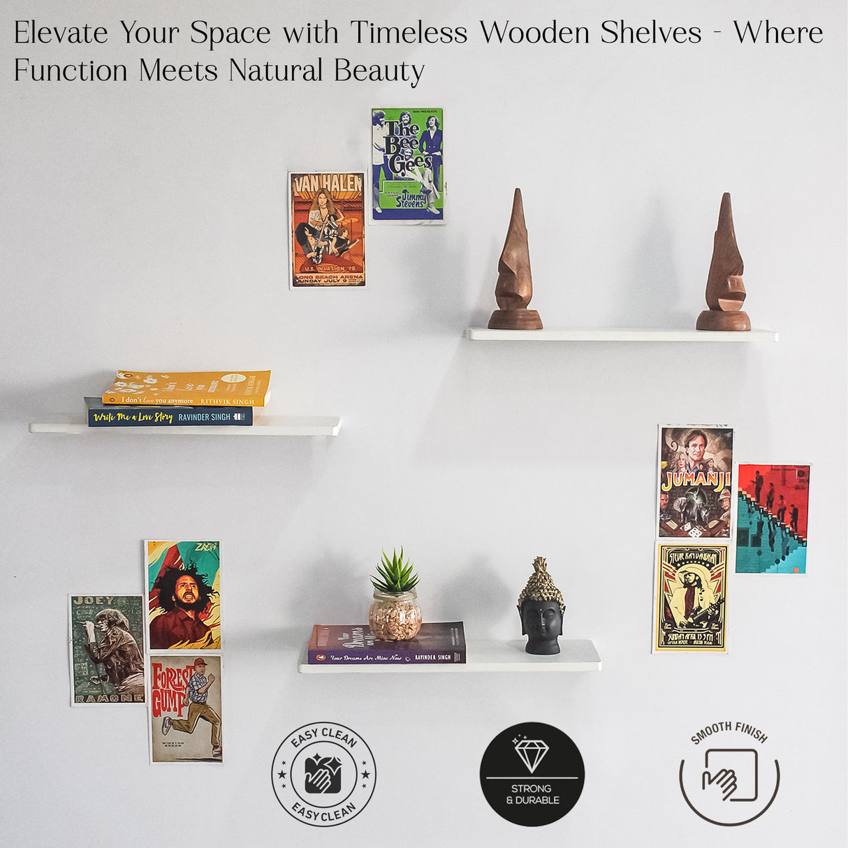 Sleek Floating Wooden Wall Shelf Set of 3 for Living Room Storage Home Decor