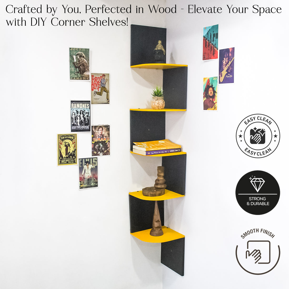 5-Tier Floating Corner Wall Shelf – Storage Organizer Shelf (Yellow & Black)