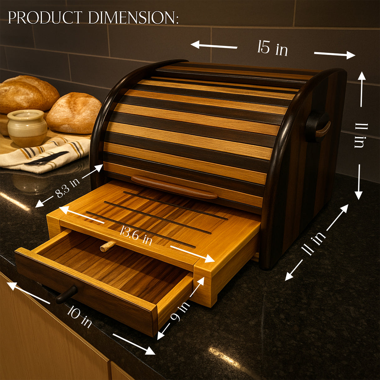 Handcrafted Wooden Bread Box with Roll-Top Lid & Sliding Crumb Drawer - Premium Countertop Bread Storage Organizer