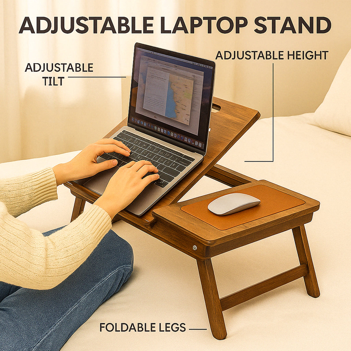 Adjustable Foldable Wooden Lap Desk with Built-in Storage Drawers – Portable Laptop Stand & Breakfast Tray for Bed, Couch, or Sofa Use