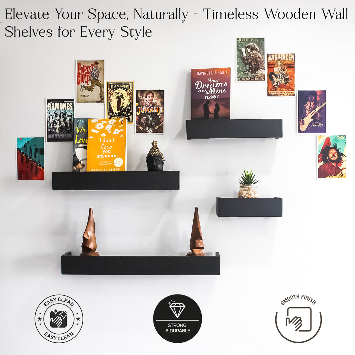 Modern 4-Piece Wooden Floating Wall Shelves (Black) – Wall-Mounted Shelves