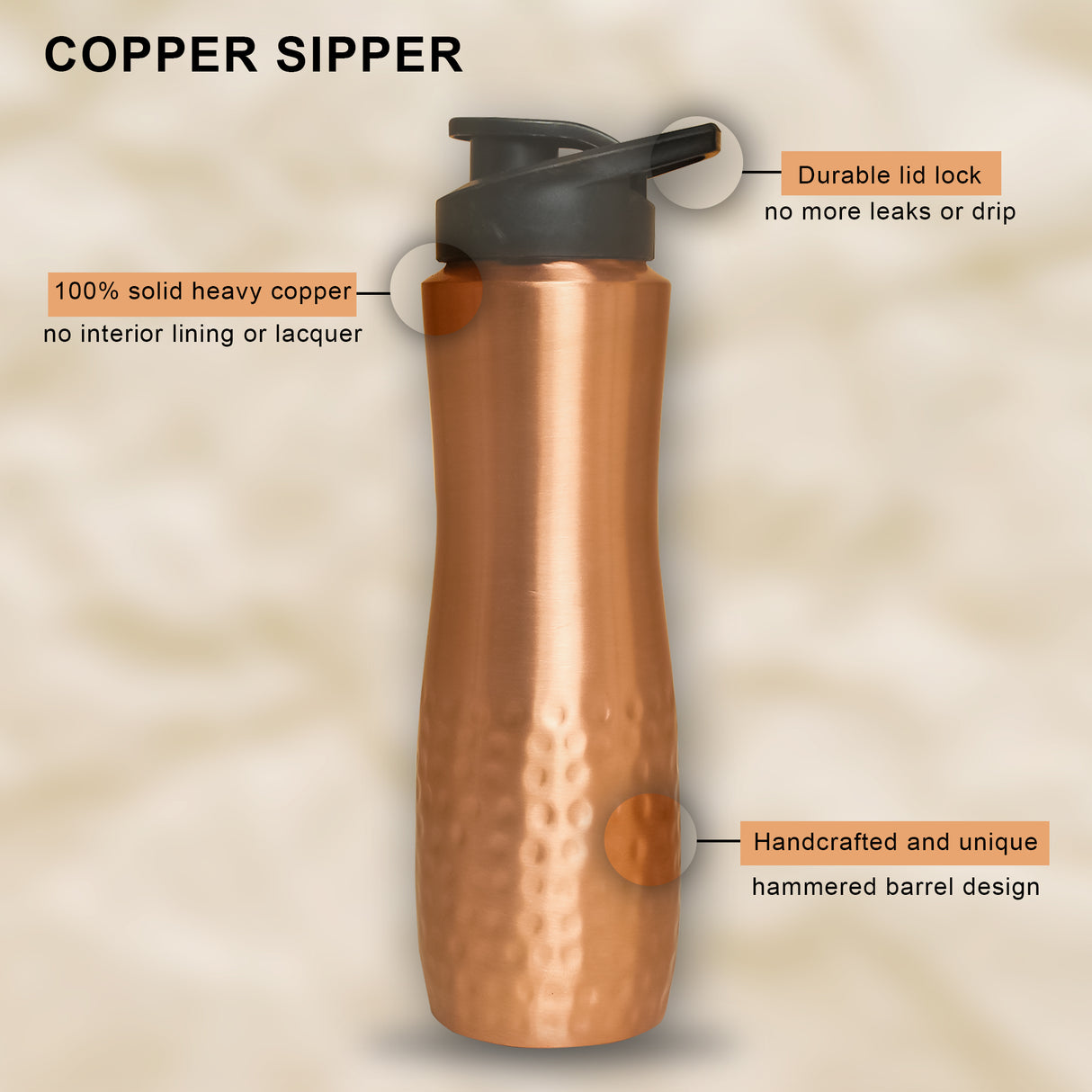 Pure Copper Sipper Water Bottle – Ayurvedic Health Benefits, Leak-Proof, Portable