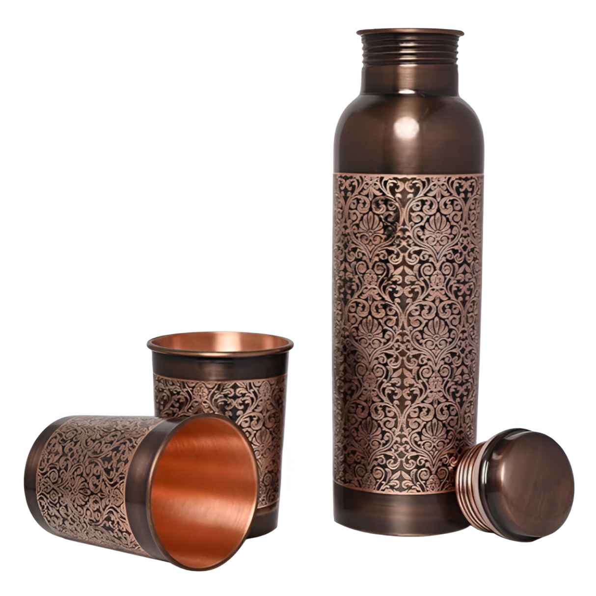 Pure Copper Water Bottle Set with 2 Glasses & Sugar Pot - Health Benefits