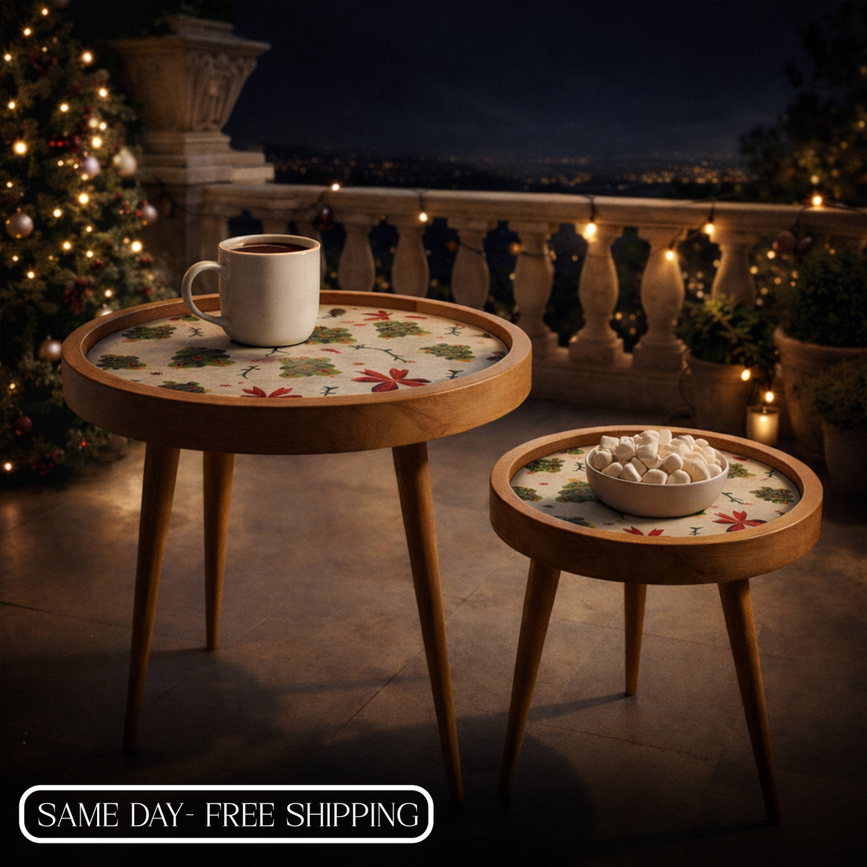 Handcrafted Wooden Coffee Table Set of 2 – Round Nesting Side Tables with Festive Printed Tray Top – Solid Wood Accent Tables for Living Room, Bedroom & Balcony Décor